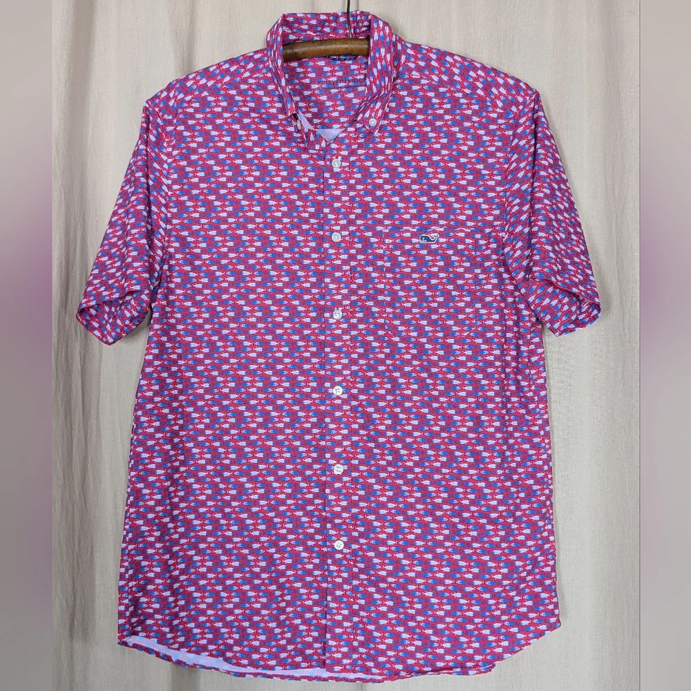 Vineyard Vines Micro Fish Red Short Sleeve Feather Performance Ripstop Shirt Med - Picture 2 of 10